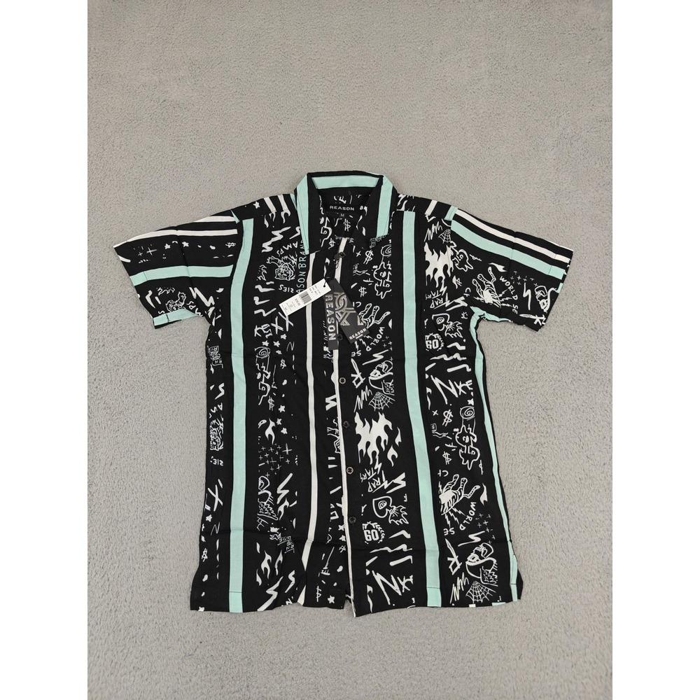 Reason Brand Shirt Mens Medium Black Mint Stripe Graphic Rayon Button Up A1-481
